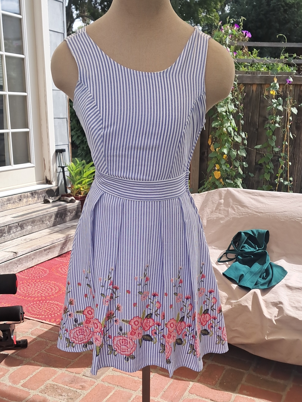 Blue and White Striped Floral Fit-and-Flare Dress Sz 3